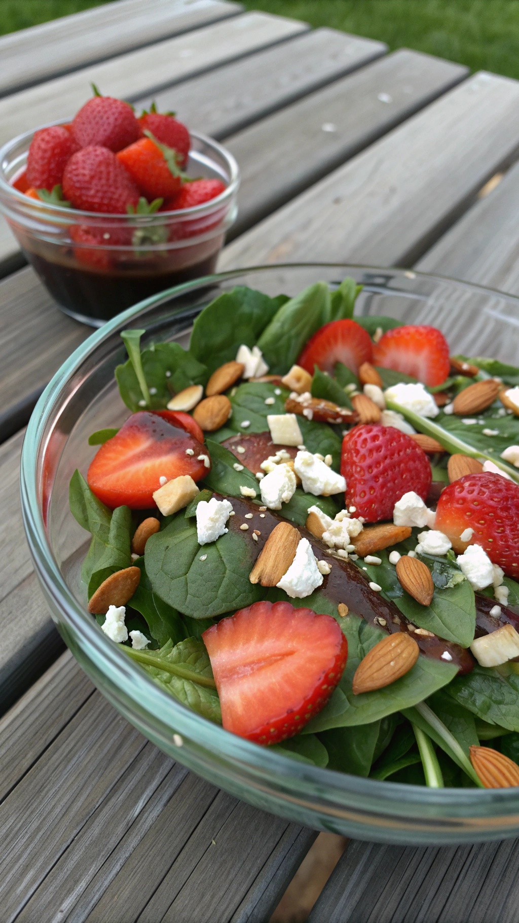 A fresh spinach and strawberry salad with feta cheese and almonds in a glass bowl.