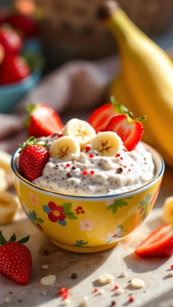 A colorful bowl of chia seed pudding topped with sliced strawberries and bananas, with fresh fruit in the background.