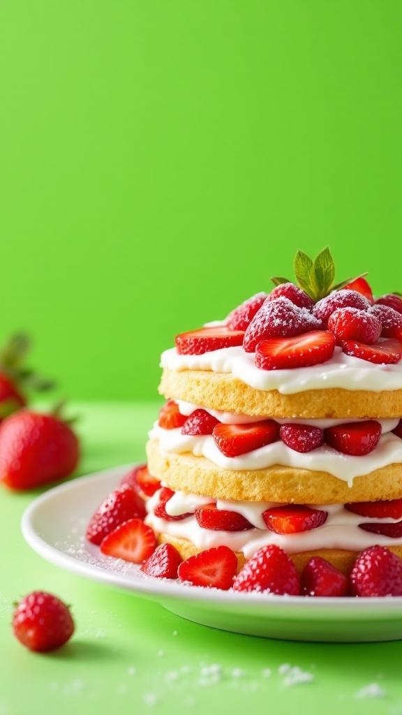 A beautiful stack of strawberry shortcake with layers of cream and fresh strawberries on a bright green background.