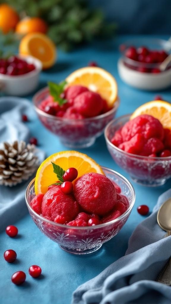 A vibrant bowl of cranberry orange sorbet garnished with orange slices and cranberries.