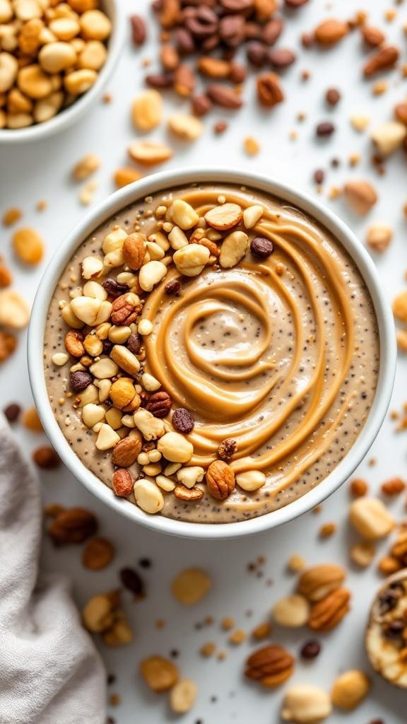A bowl of nut butter chia pudding topped with mixed nuts, surrounded by scattered nuts on a white surface.