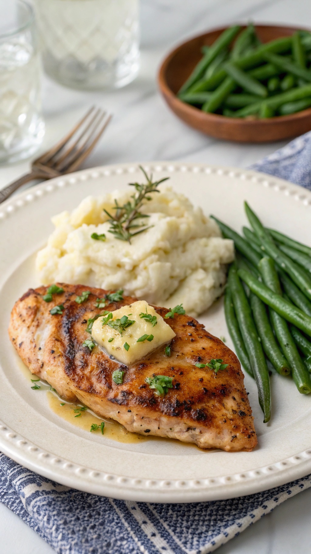 Plated garlic butter chicken breast with mashed potatoes and green beans