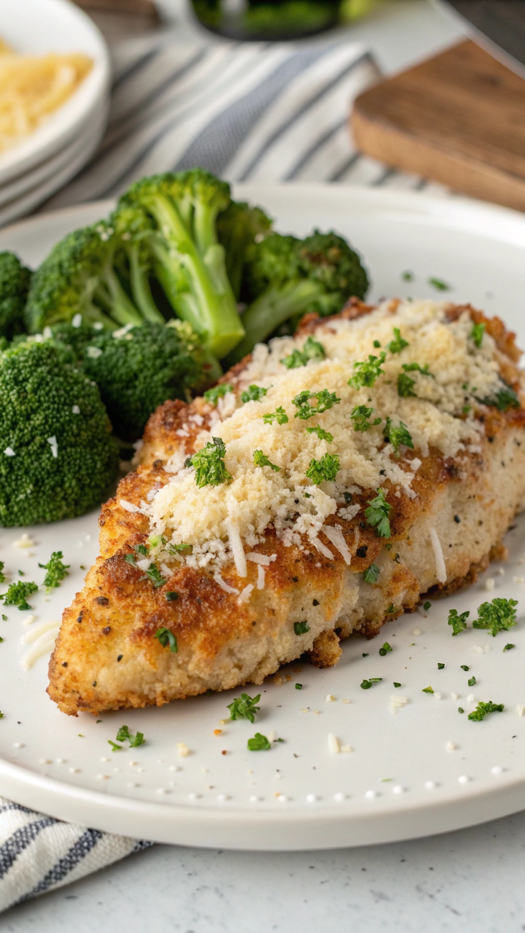 A plate of Garlic Parmesan Chicken served with broccoli, garnished with parsley.