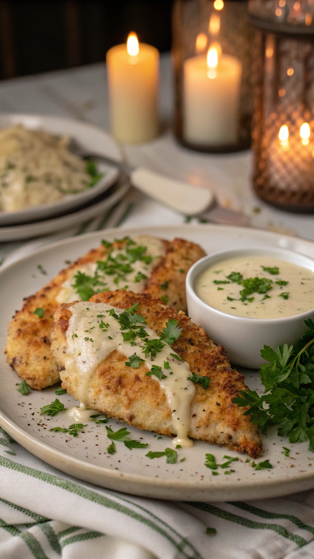 Plated Garlic Parmesan Chicken with creamy sauce and parsley garnish, set on a romantic table with candles.