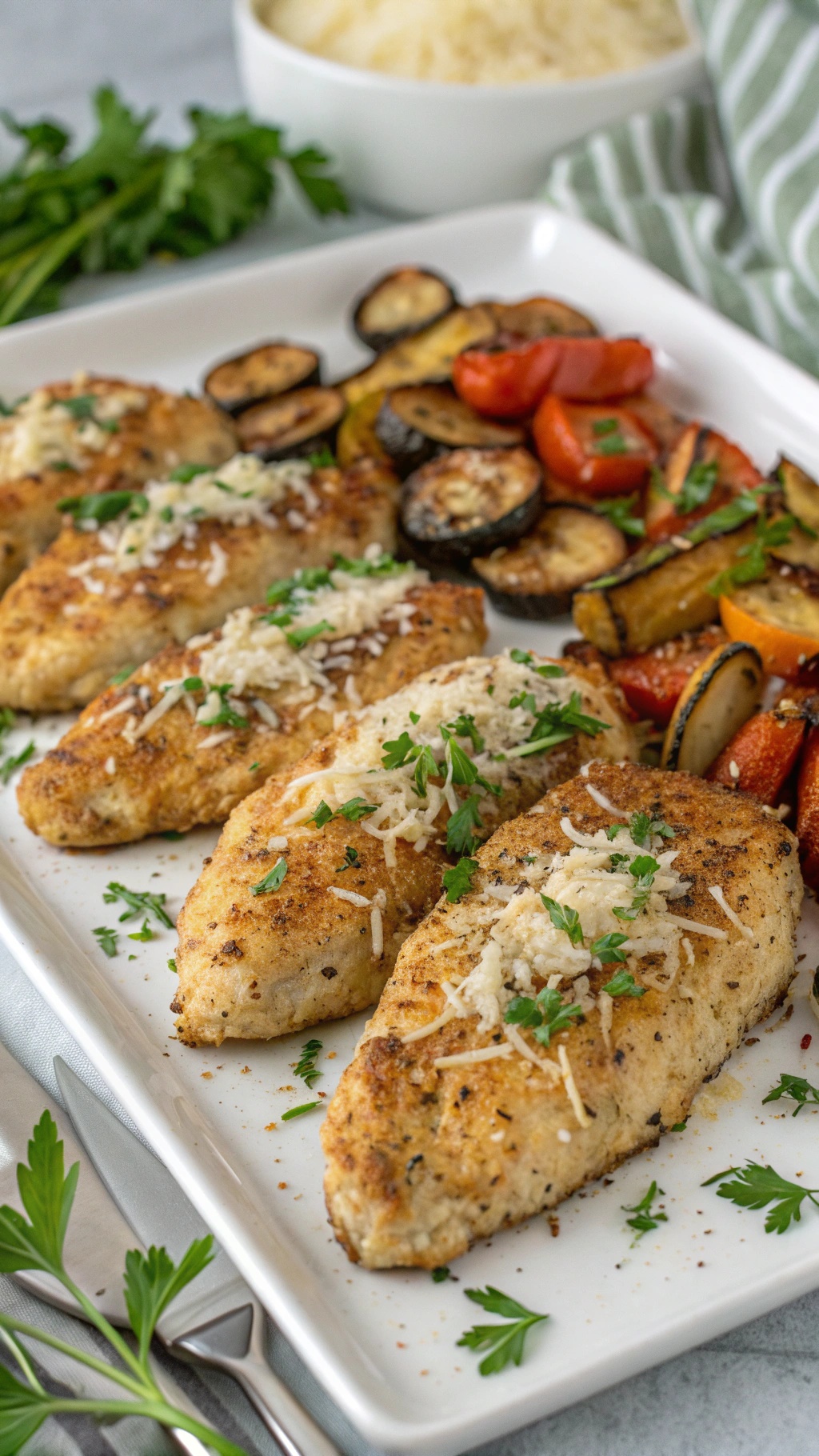 Plate of Garlic Parmesan Chicken Breasts garnished with parsley, served with roasted vegetables.