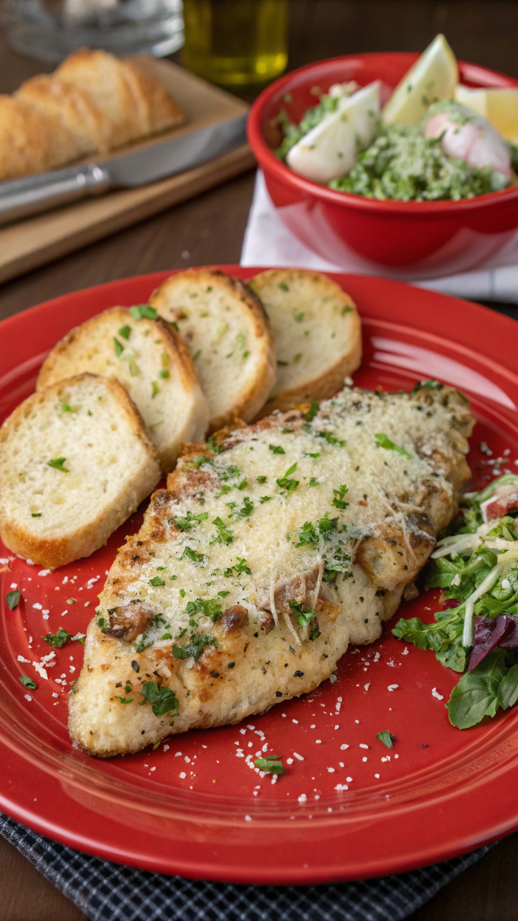 A plate of Garlic Parmesan Chicken with toasted bread and a salad.