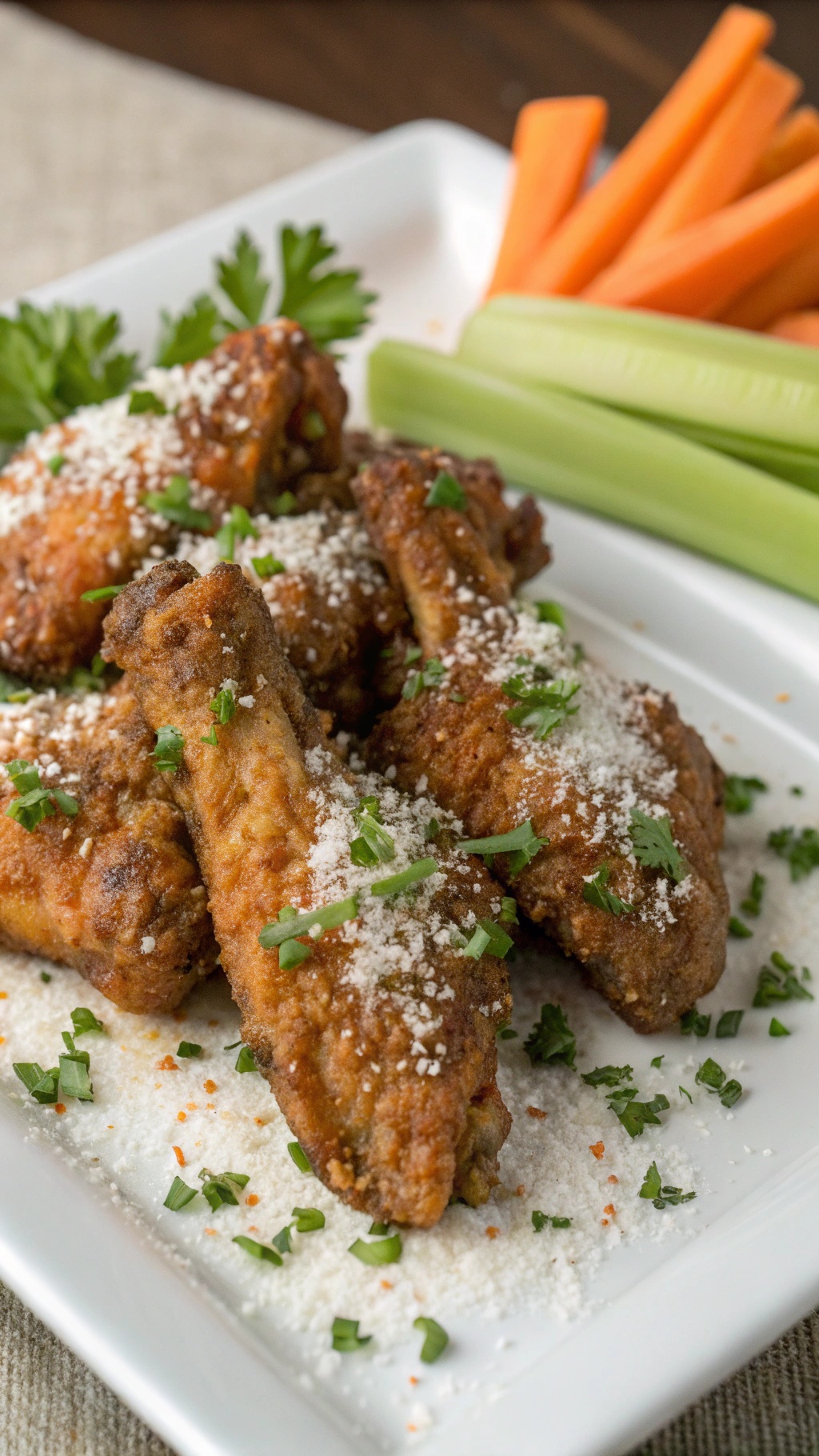 Plate of garlic parmesan chicken wings garnished with parsley and served with celery and carrot sticks.
