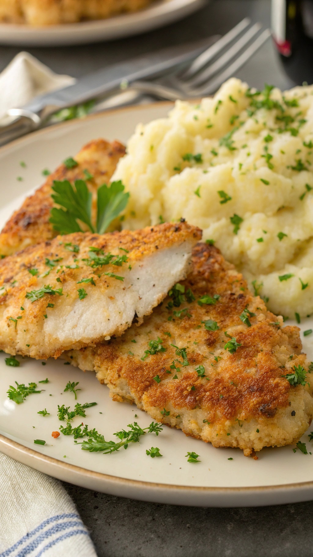 Garlic Parmesan Crusted Chicken Breasts with mashed potatoes and parsley