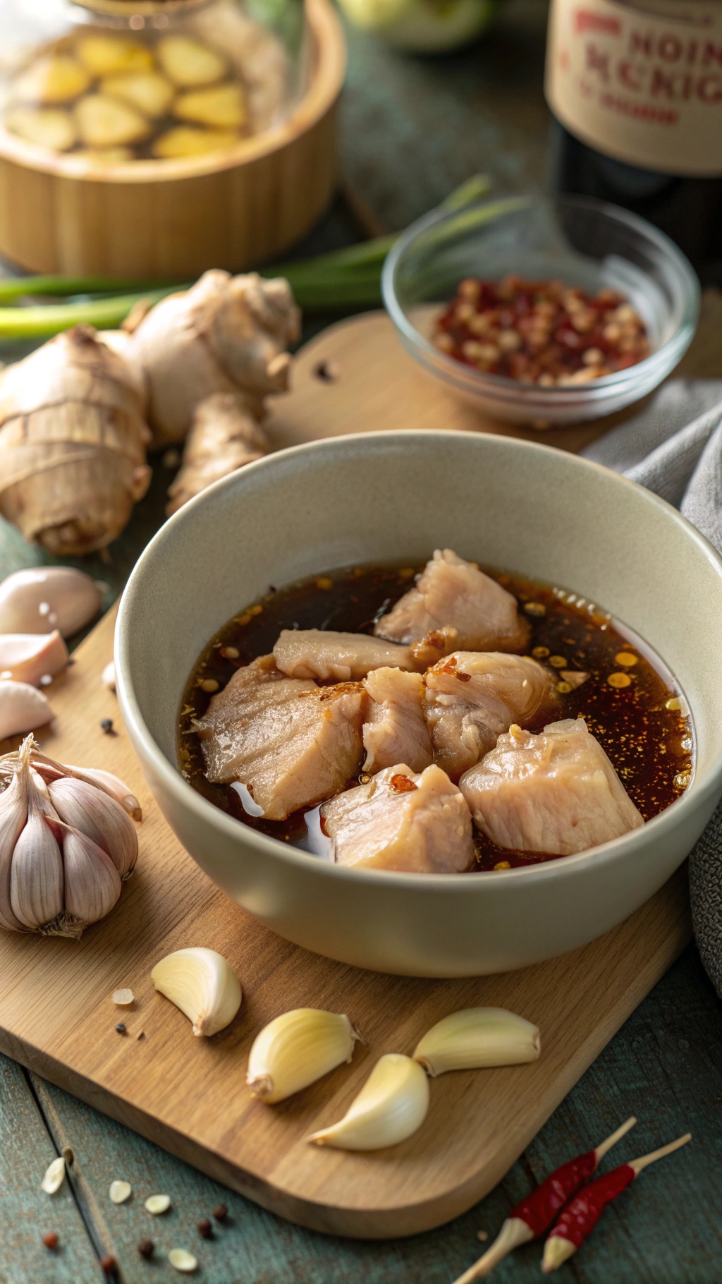 A bowl of ginger garlic marinade with chicken pieces, garlic cloves, and ginger roots on a wooden board.
