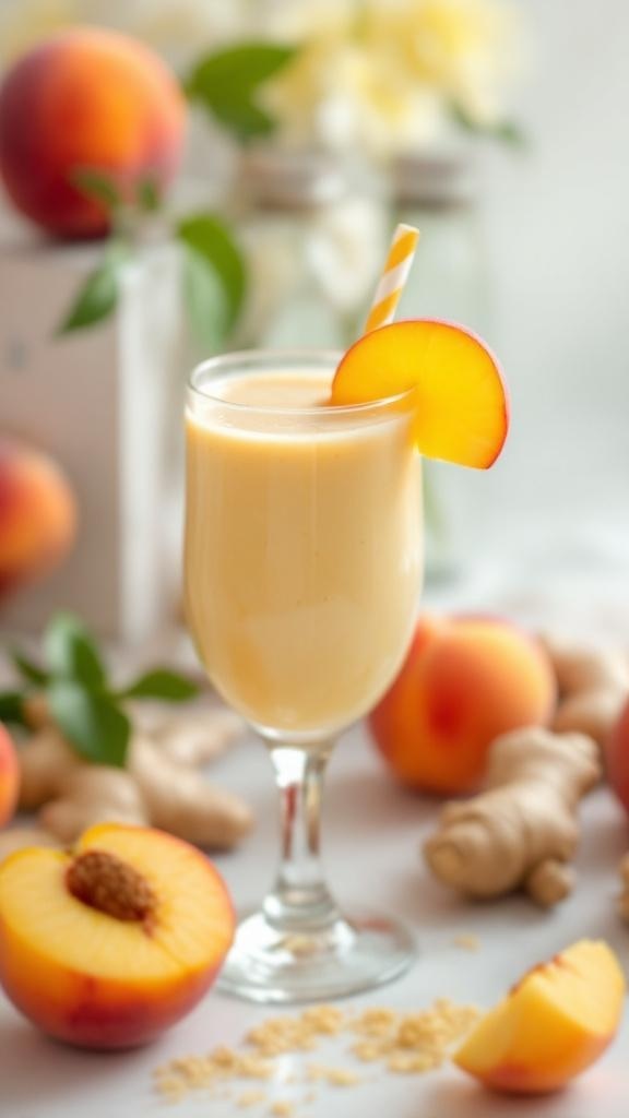A refreshing ginger peach smoothie in a glass, garnished with a peach slice, surrounded by fresh peaches and ginger.