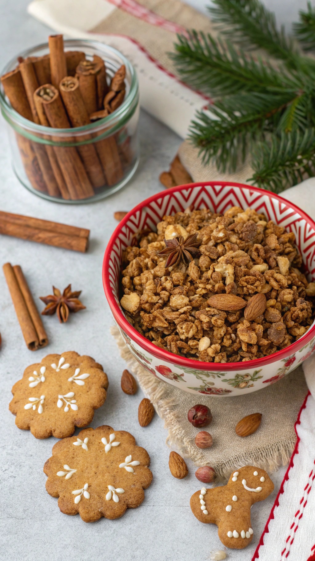 A bowl of gingerbread spice granola with almonds and gingerbread cookies, surrounded by cinnamon sticks and festive decorations.