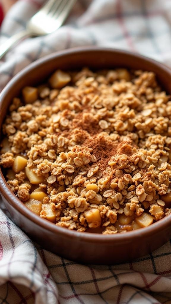 A bowl of gluten-free apple crisp topped with oats and cinnamon.
