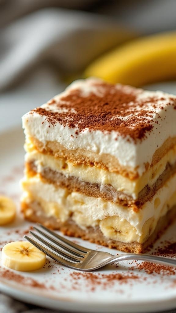 A slice of gourmet banana pudding tiramisu layered with banana and cream, garnished with cocoa powder.