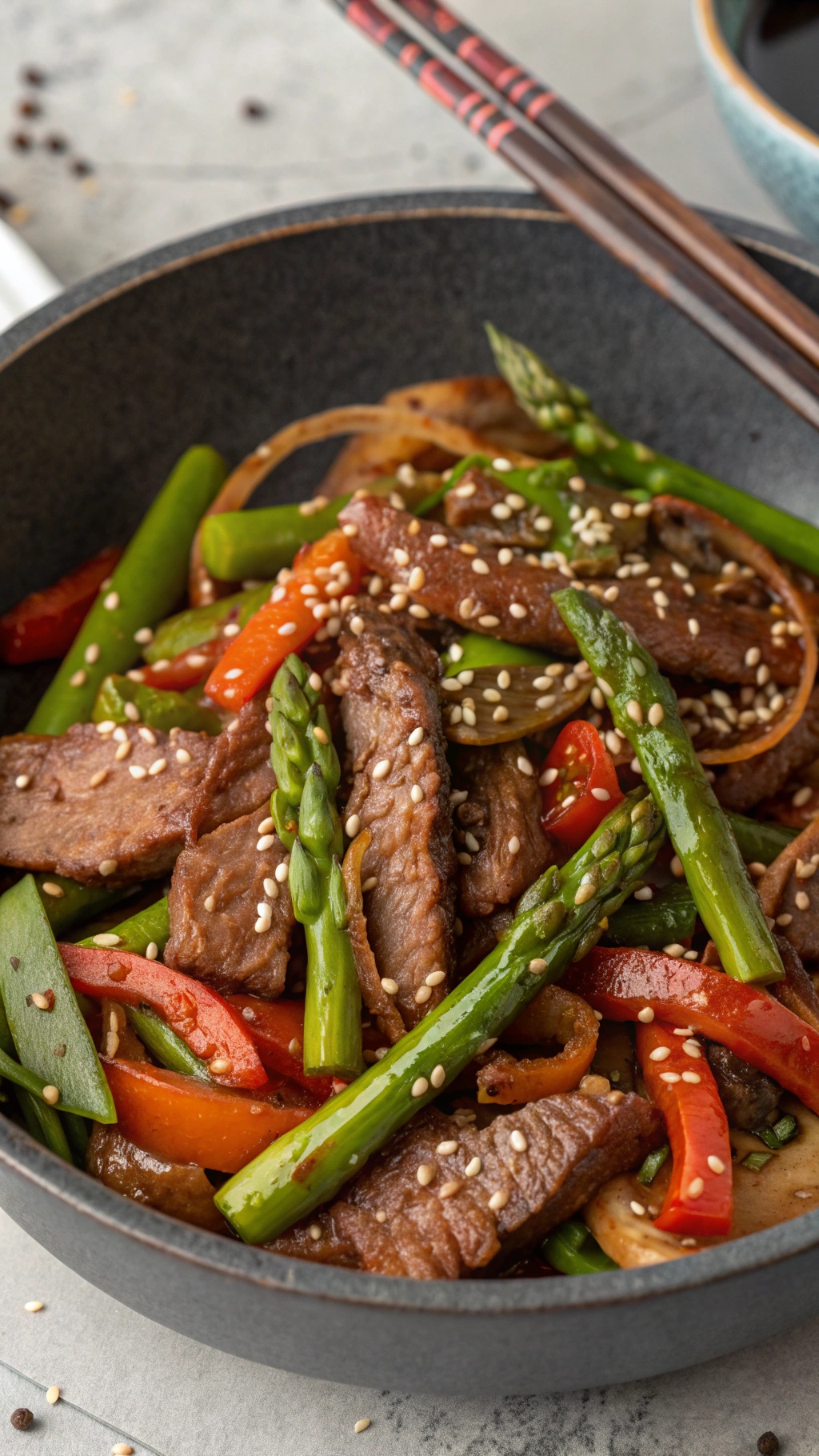 A bowl of gourmet beef and asparagus stir-fry with colorful vegetables and sesame seeds