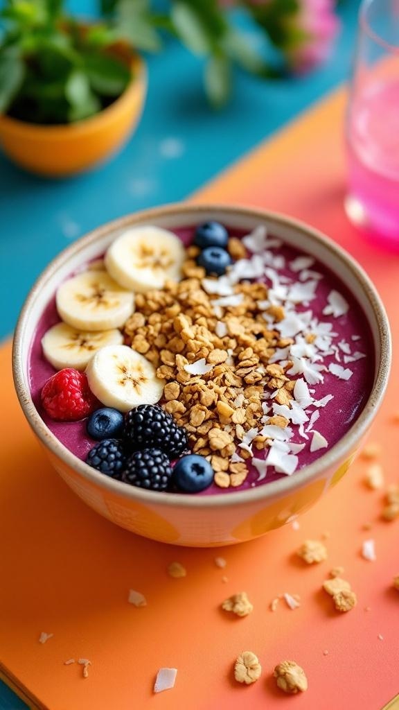 A colorful gourmet berry smoothie bowl topped with banana slices, granola, and coconut flakes.
