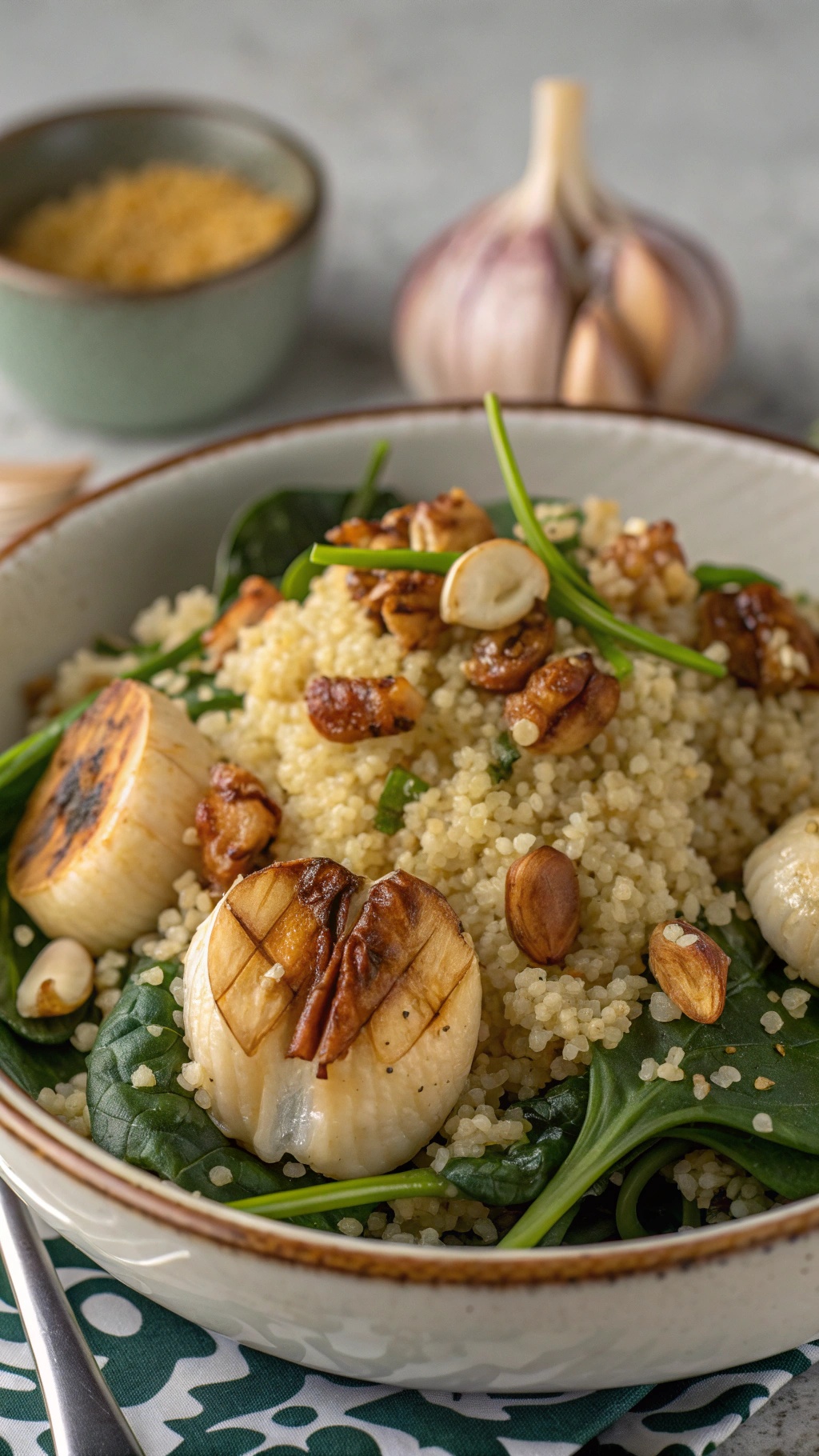 A bowl of gourmet quinoa salad with roasted garlic, spinach, and nuts.