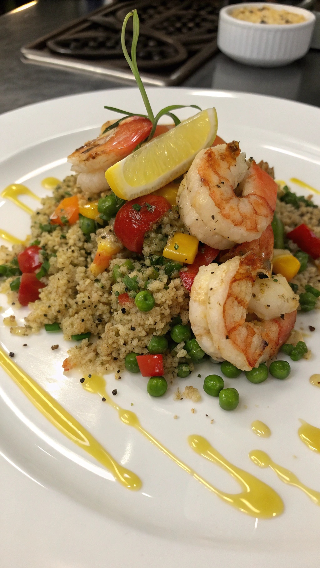 A gourmet quinoa and shrimp salad with colorful vegetables and a lemon wedge on top.