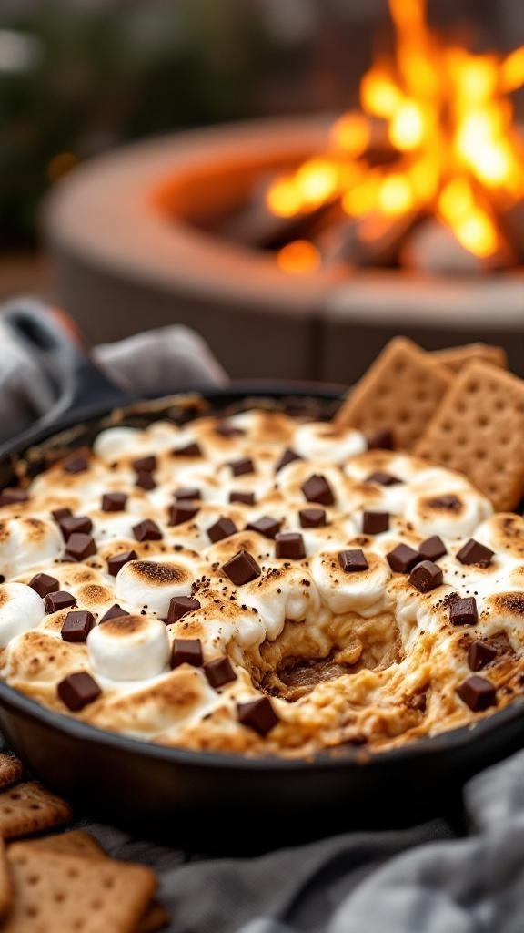 A delicious s'mores dip with toasted marshmallows and chocolate chunks, served with graham crackers.