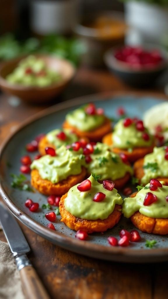 A plate of gourmet sweet potato bites topped with avocado cream and garnished with pomegranate seeds.