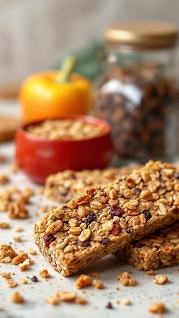 A close-up of granola bars with a jar of nuts and a bowl of granola in the background.