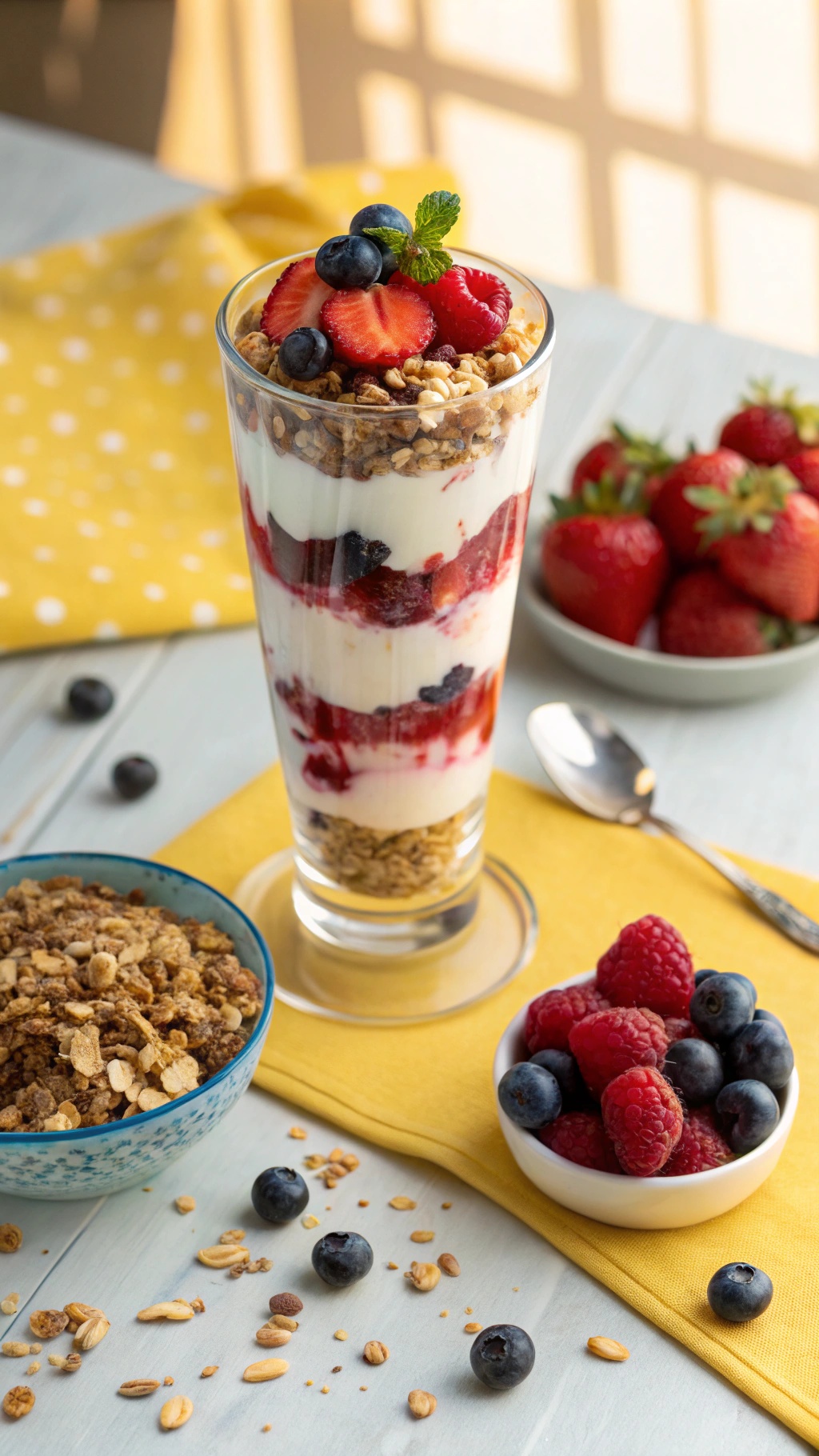 A Greek yogurt parfait with layers of yogurt, granola, and mixed berries in a tall glass.