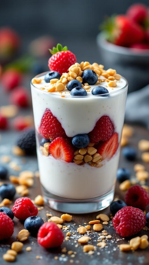 A delicious Greek yogurt parfait with layers of berries and nuts in a glass