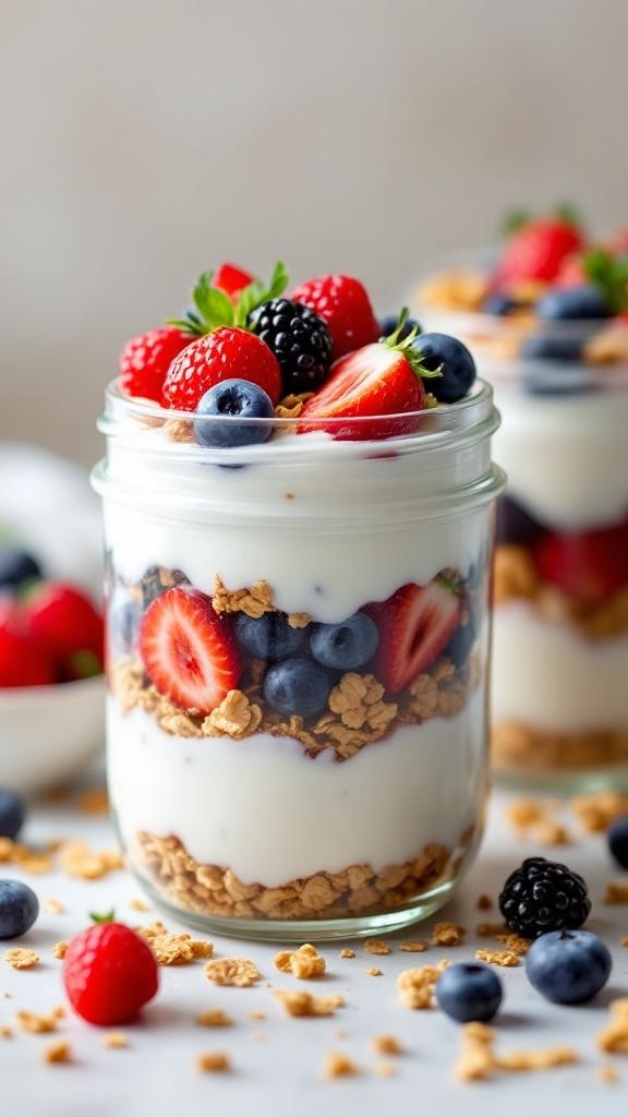 A jar of Greek yogurt parfait layered with granola and fresh berries.