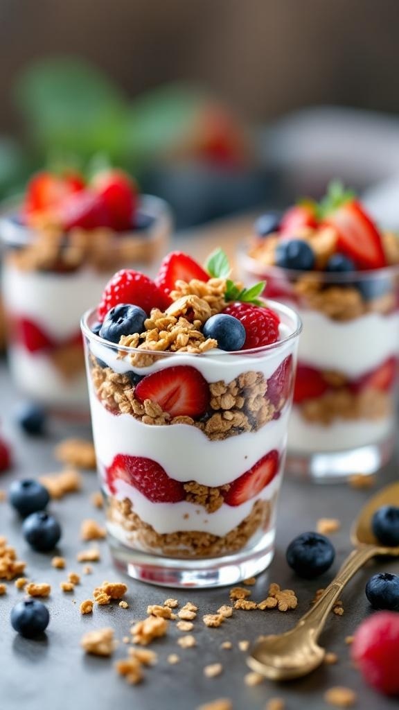 A close-up of Greek yogurt parfaits layered with strawberries, blueberries, and granola in clear cups.