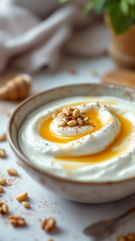A bowl of Greek yogurt topped with honey and nuts, with some nuts scattered around.