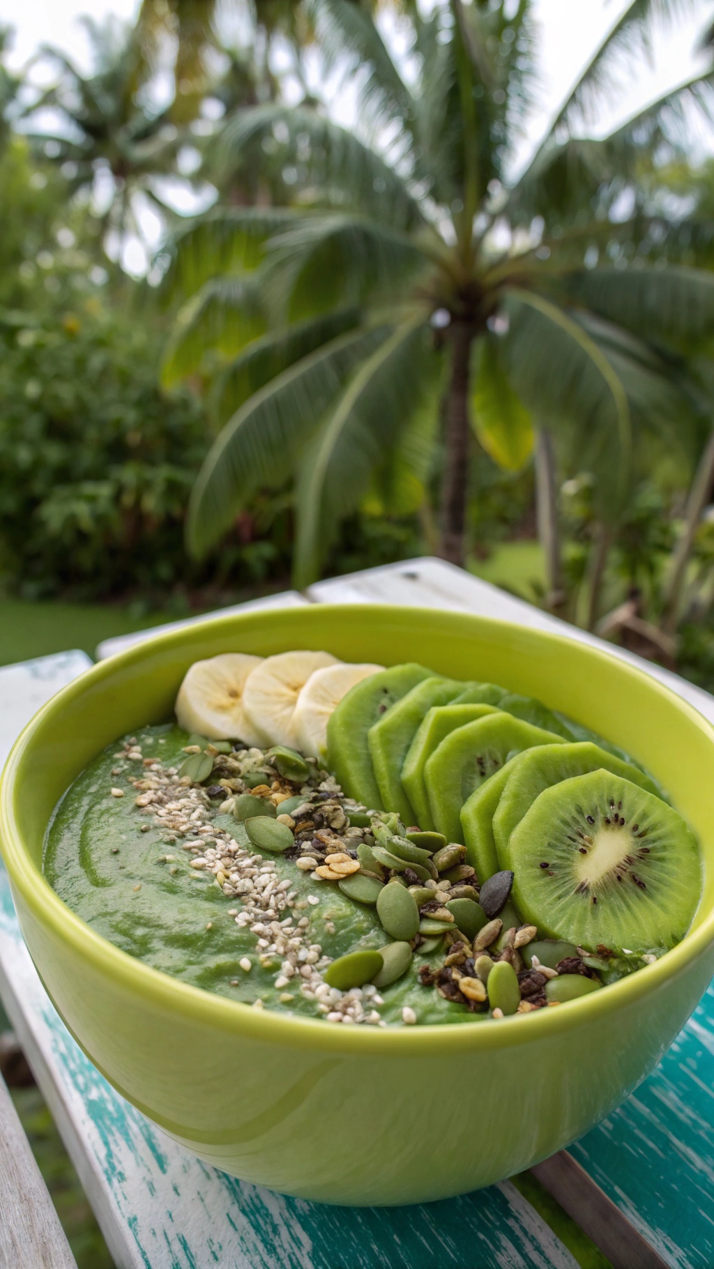 A vibrant green smoothie bowl topped with banana slices, kiwi, and seeds, set against a tropical background.
