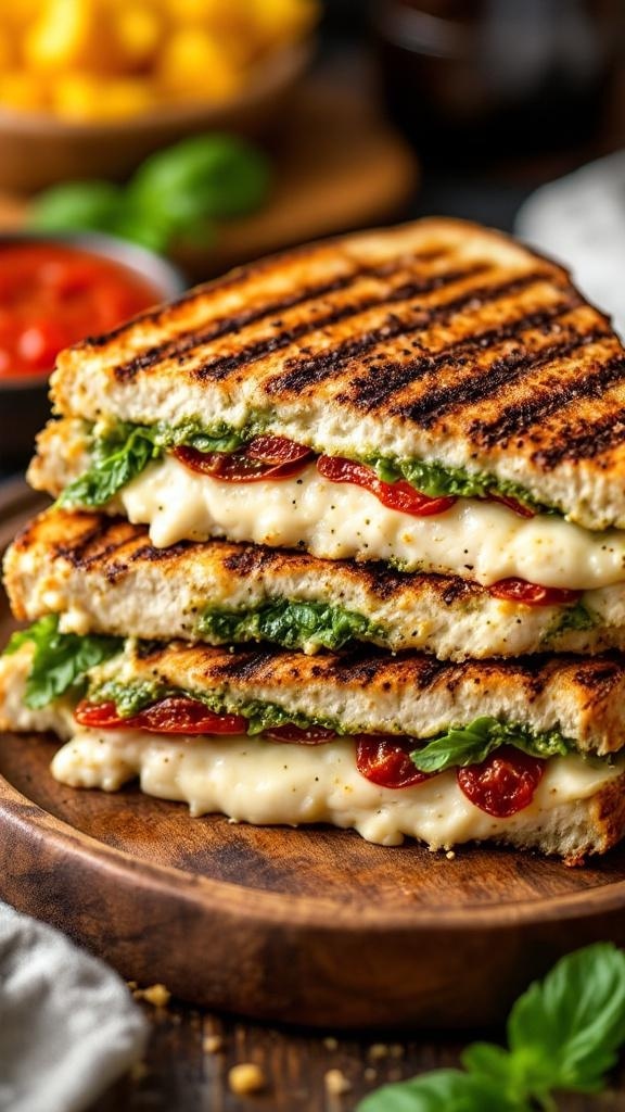 Grilled Chicken and Pesto Panini with melted cheese and fresh ingredients