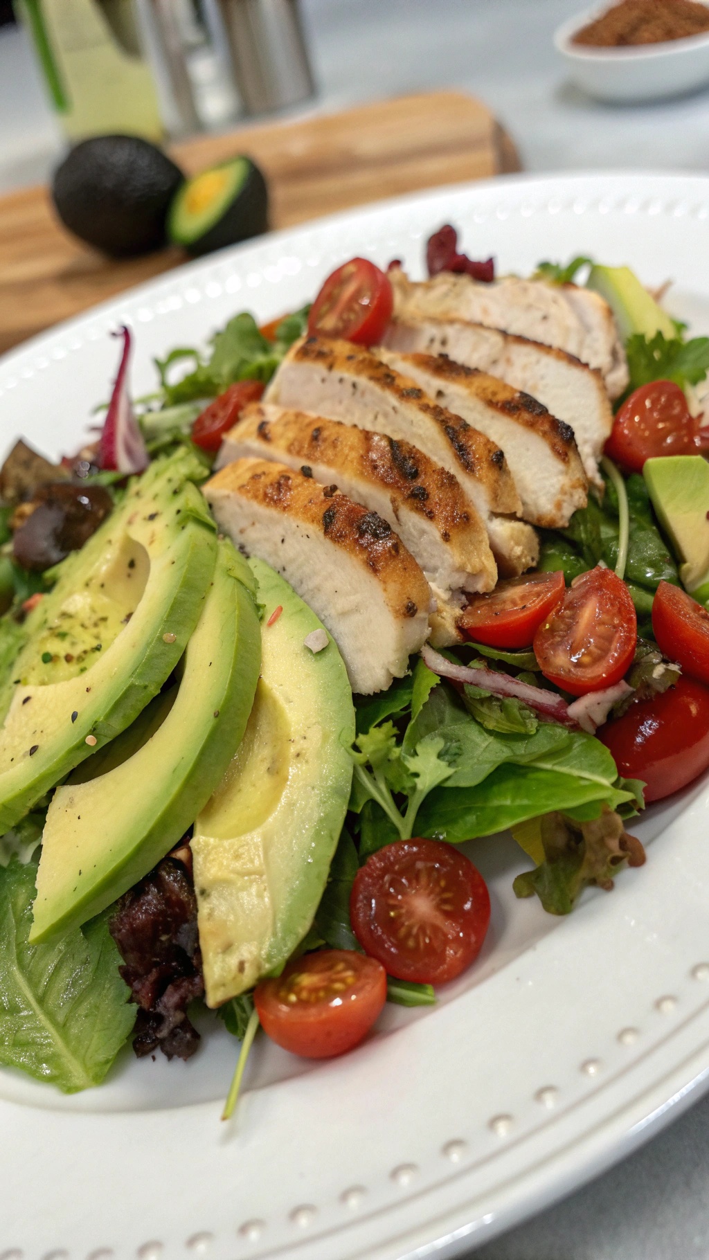 A colorful grilled chicken salad with avocado, tomatoes, and greens on a white plate.
