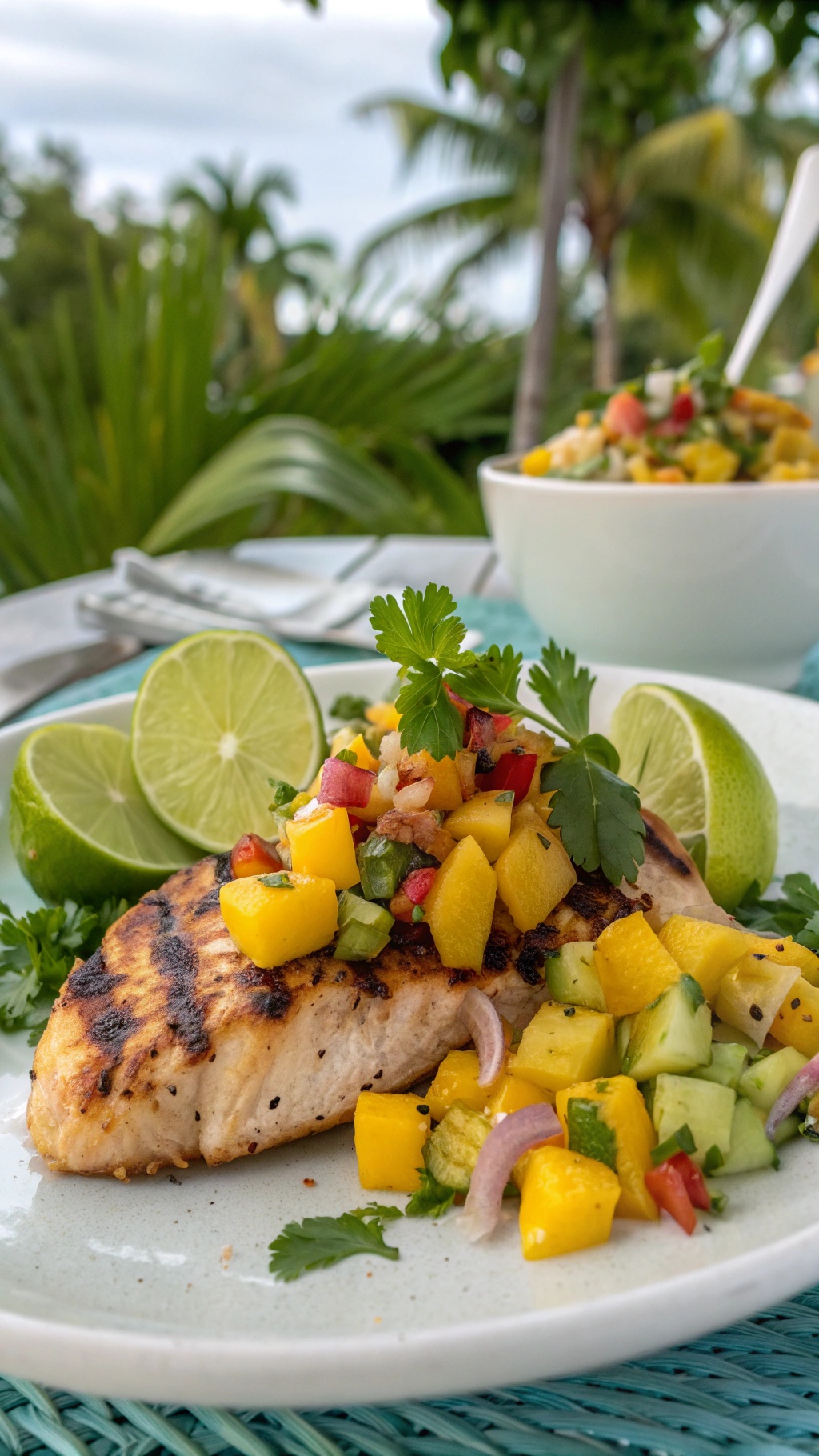 Grilled chicken breast topped with mango salsa, garnished with lime and cilantro.