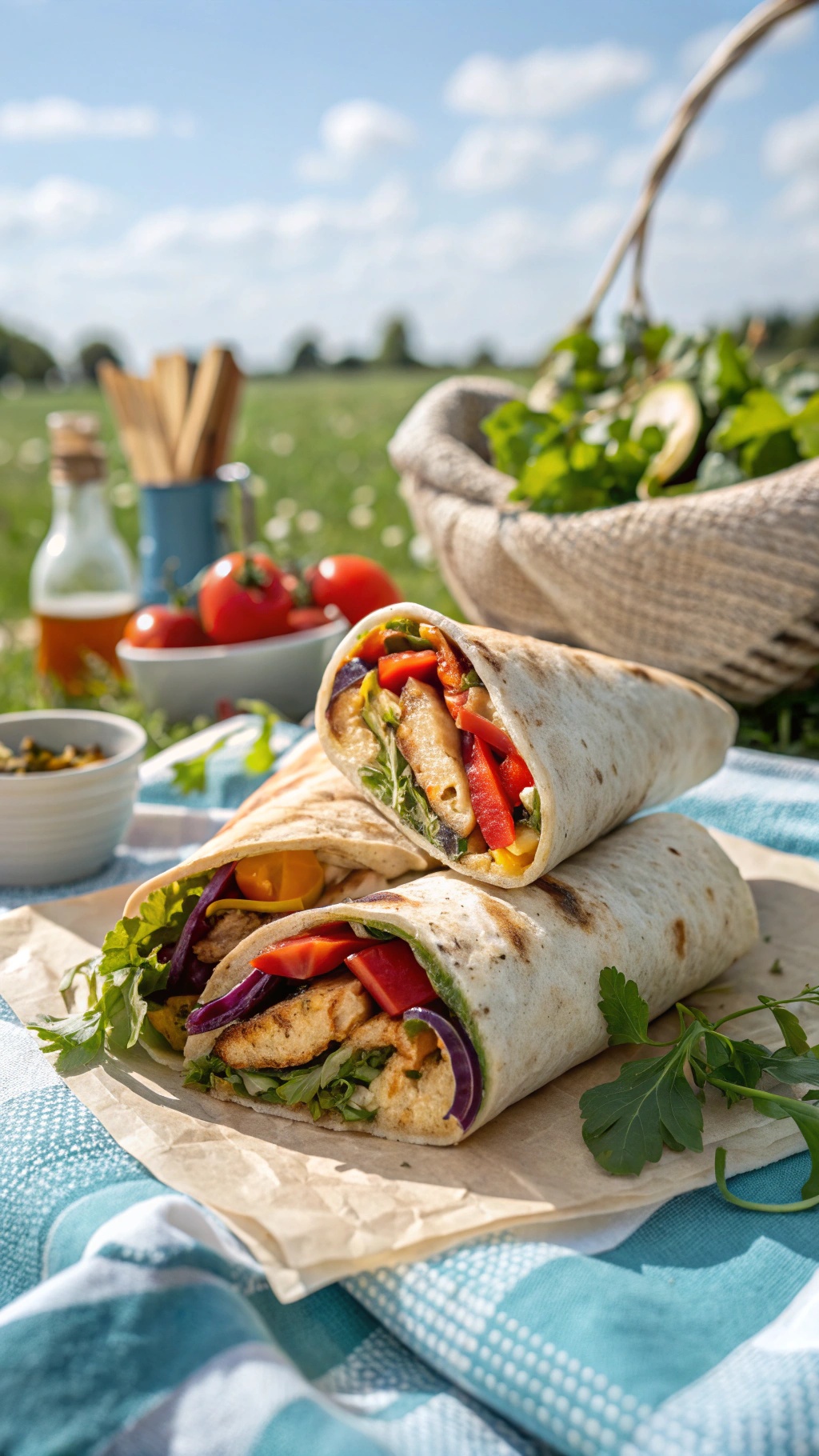 Grilled vegetable and hummus wrap with fresh ingredients on a picnic blanket
