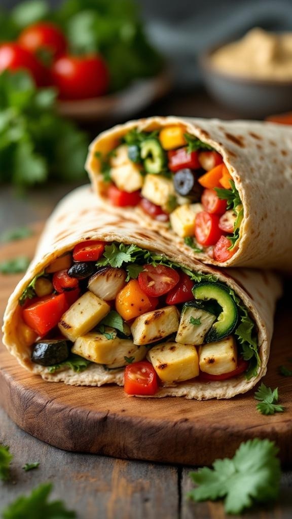Grilled veggie wraps filled with colorful vegetables and hummus, served on a wooden board.