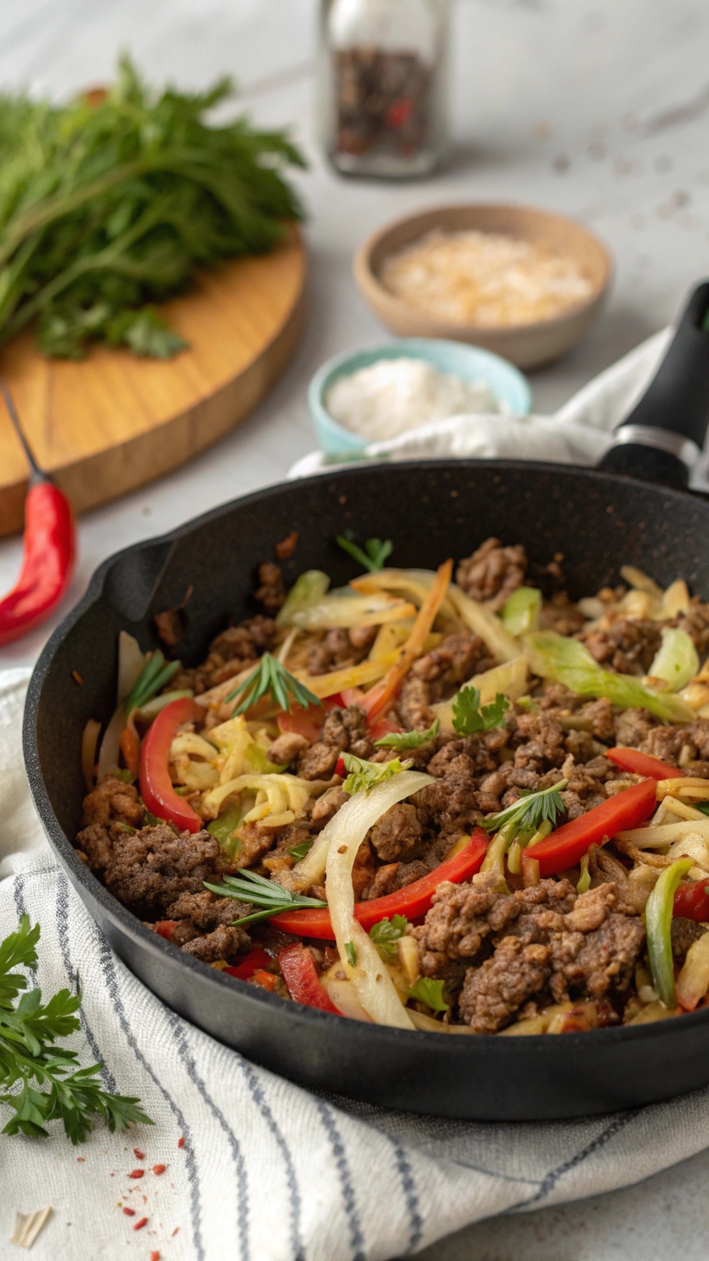 A skillet filled with ground beef, cabbage, and colorful bell peppers, garnished with parsley.
