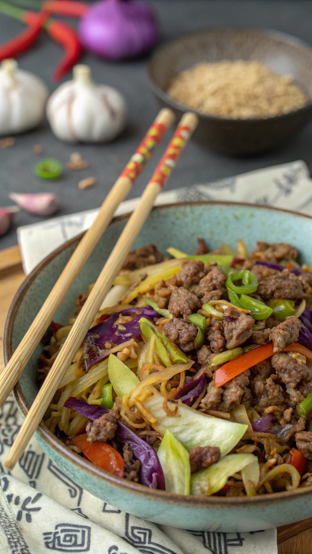 A colorful bowl of ground beef and cabbage stir-fry with chopsticks resting on the side.