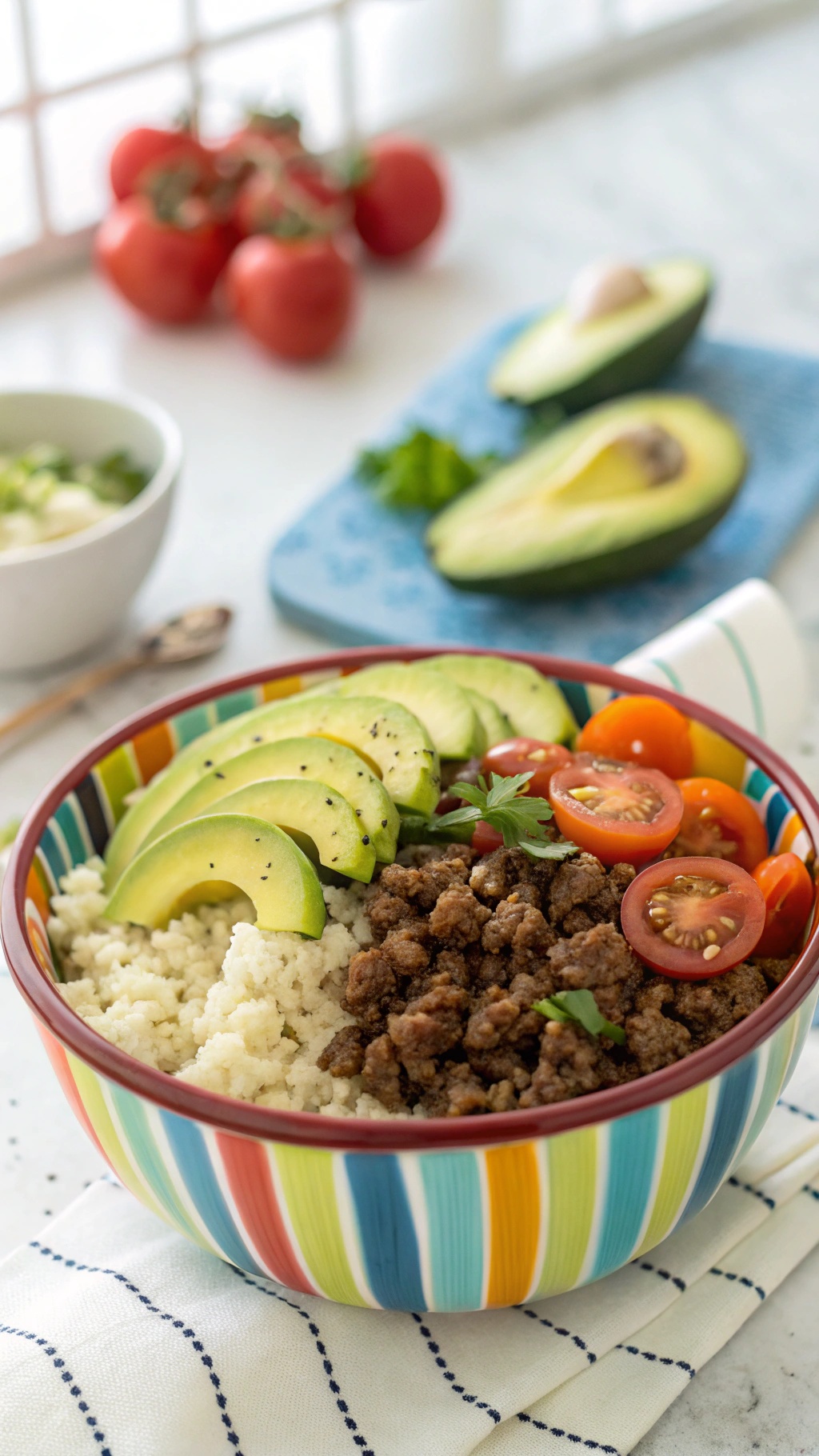 A colorful bowl filled with ground beef, cauliflower rice, sliced avocado, and cherry tomatoes, garnished with parsley.
