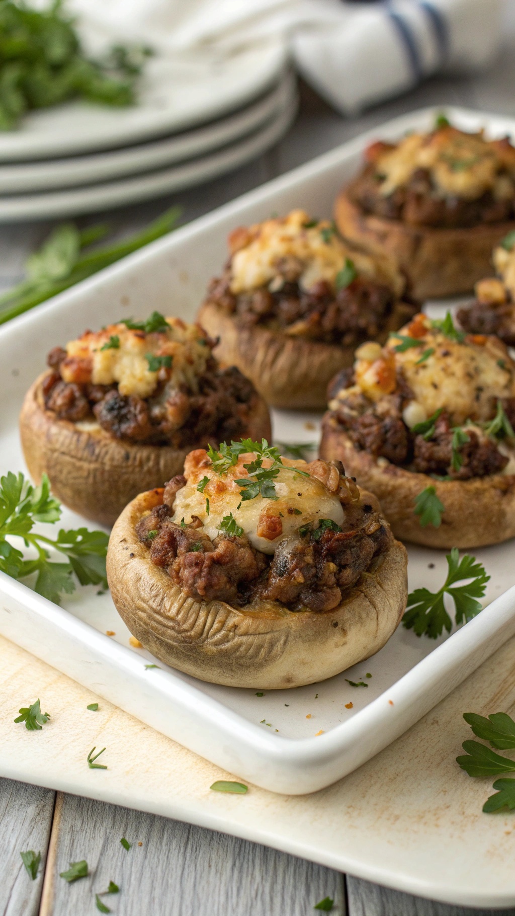 Ground beef and cheese stuffed mushrooms on a white platter, garnished with parsley.