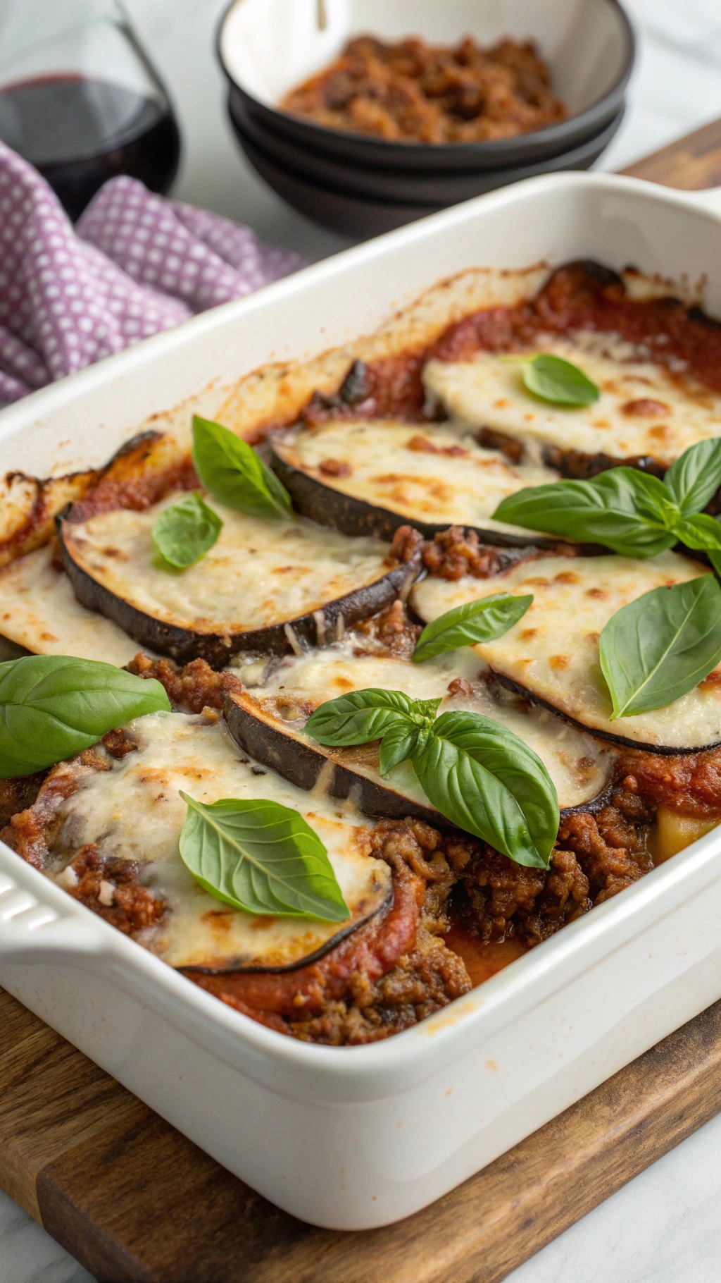 A delicious dish of ground beef and eggplant parmesan, topped with fresh basil leaves.
