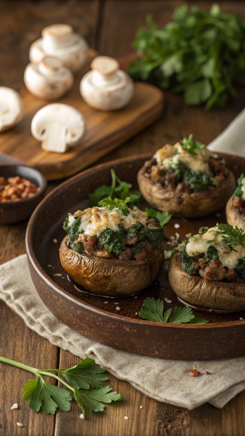 Delicious ground beef and spinach stuffed mushrooms topped with cheese, served on a wooden table.