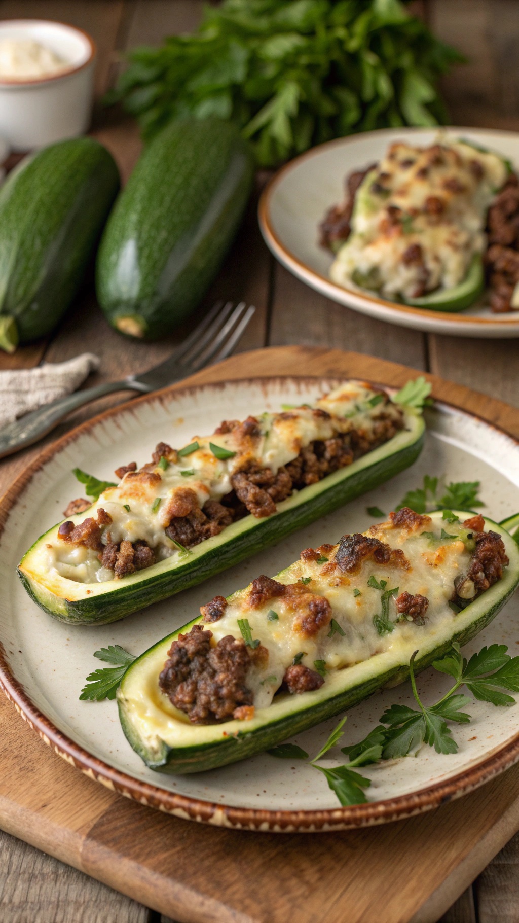 Baked zucchini boats filled with ground beef and topped with cheese, garnished with parsley.