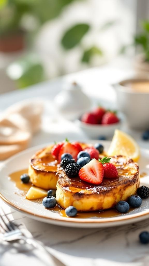 A plate of healthy French toast topped with fresh berries and a slice of lemon.