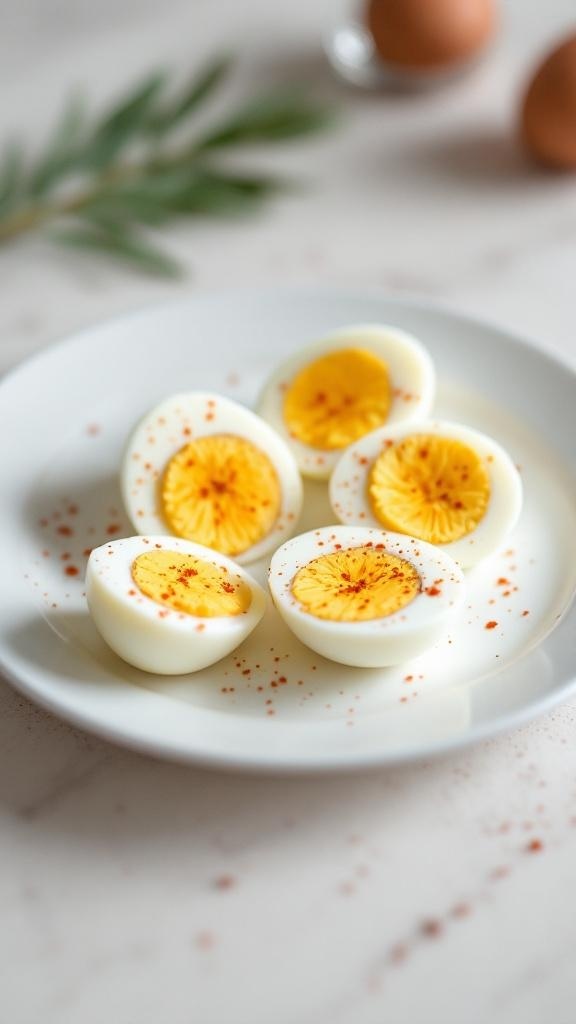 A plate of sliced hard-boiled eggs with yellow yolks, sprinkled with seasoning.