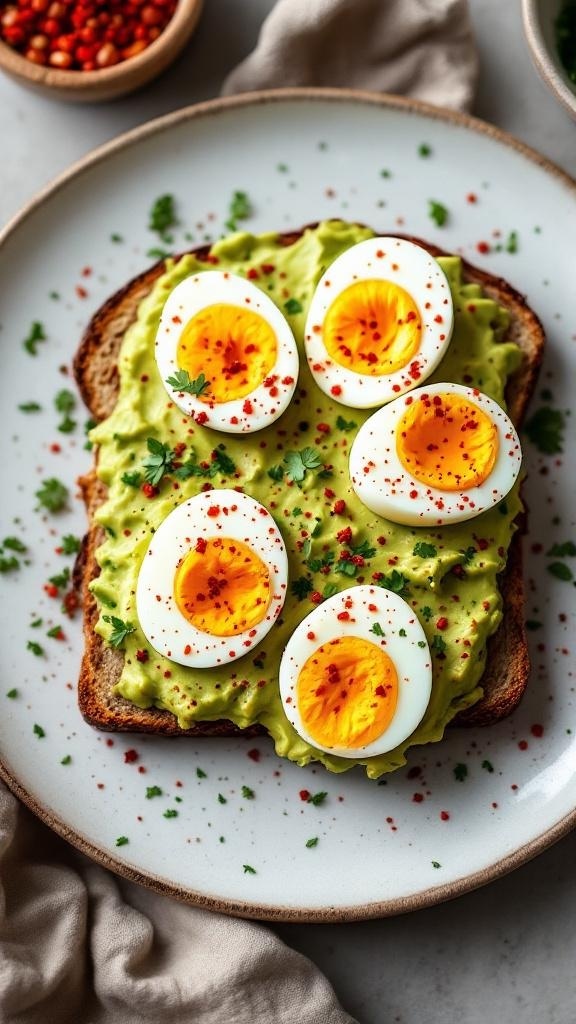 A plate of avocado toast topped with sliced hard-boiled eggs and red pepper flakes.