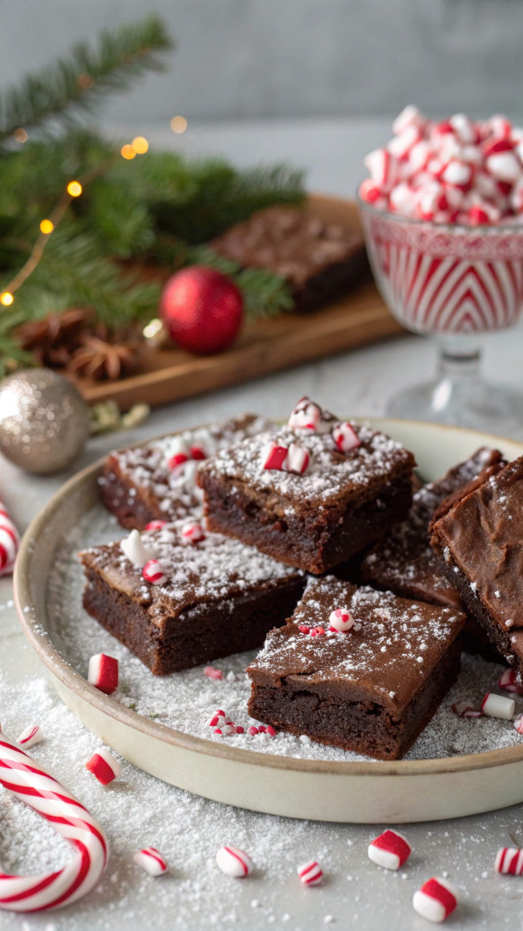 A plate of healthier chocolate peppermint brownies decorated with crushed candy canes and powdered sugar, set against a festive backdrop.