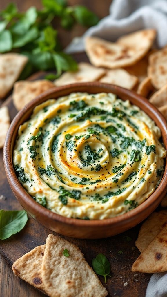 A bowl of creamy spinach artichoke dip surrounded by pita chips.