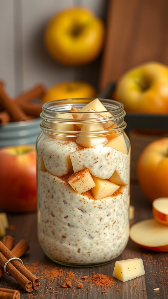 A jar of apple cinnamon overnight oats with diced apples and cinnamon on top, surrounded by whole apples and cinnamon sticks.