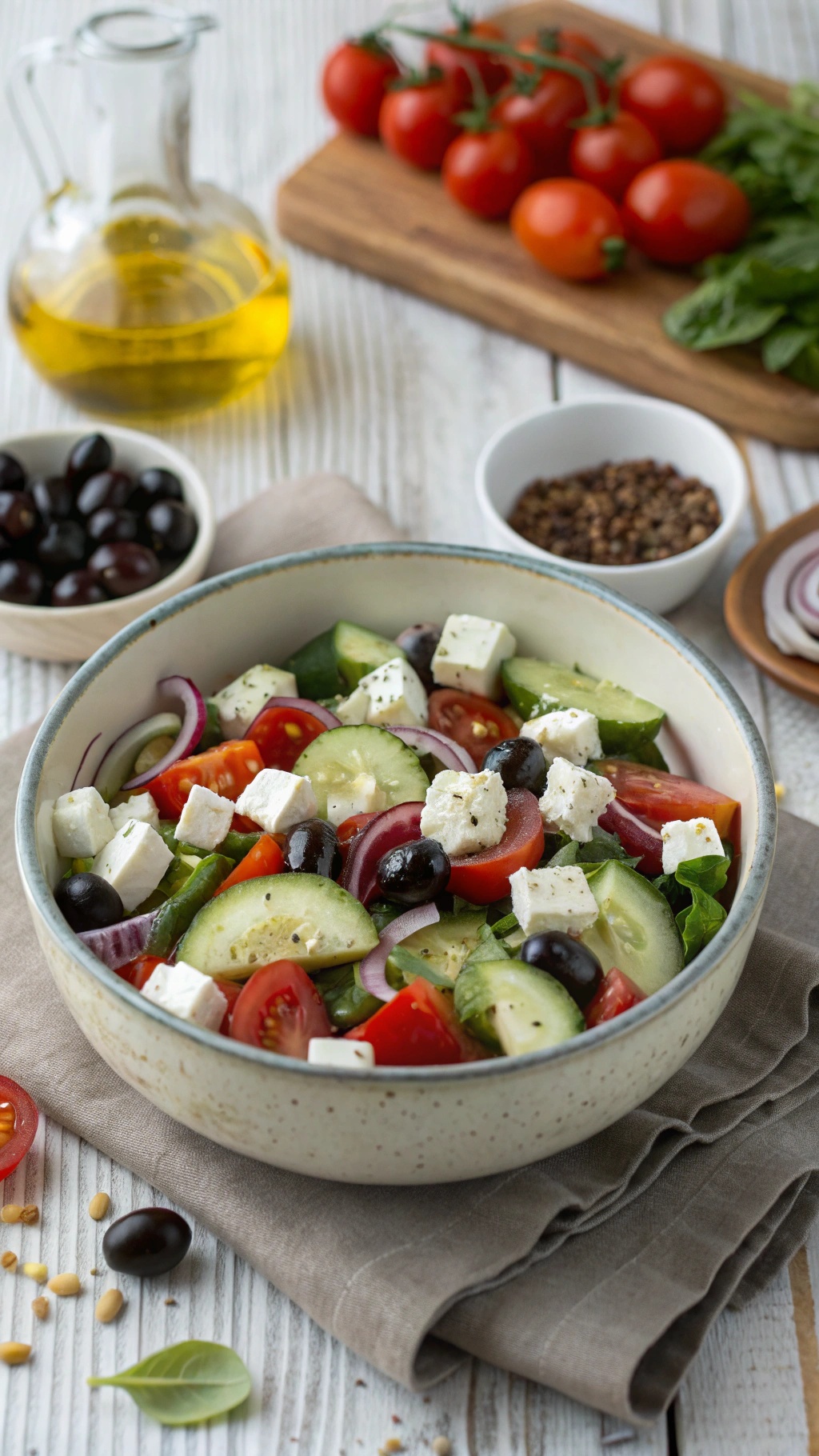 A bowl of Greek salad with tomatoes, cucumbers, olives, and feta cheese on a wooden table.