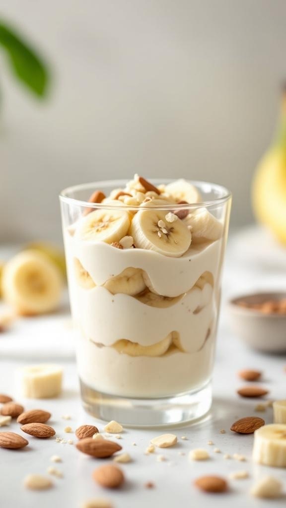 A glass of almond banana pudding layered with banana slices and topped with almonds.